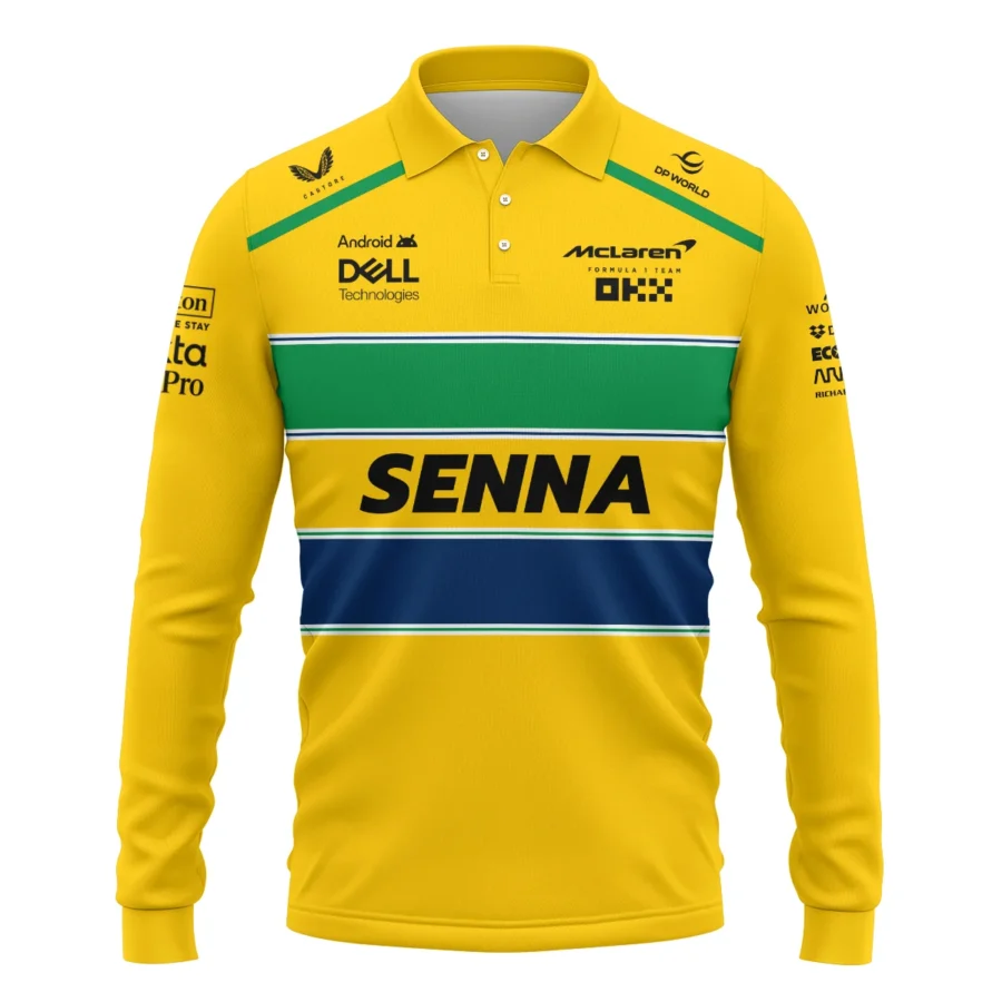 Ayrton Senna Flag And Helmet McLaren F1 Exclusive Long Polo Shirt BLF13625A4LPL