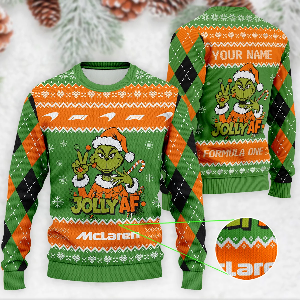Jolly AF The Grinch McLaren Formula 1 - Ugly Sweater BLVAF1220925A16MCL Jolly AF The Grinch McLaren Formula 1 - Ugly Sweater BLVAF1220925A16MCL