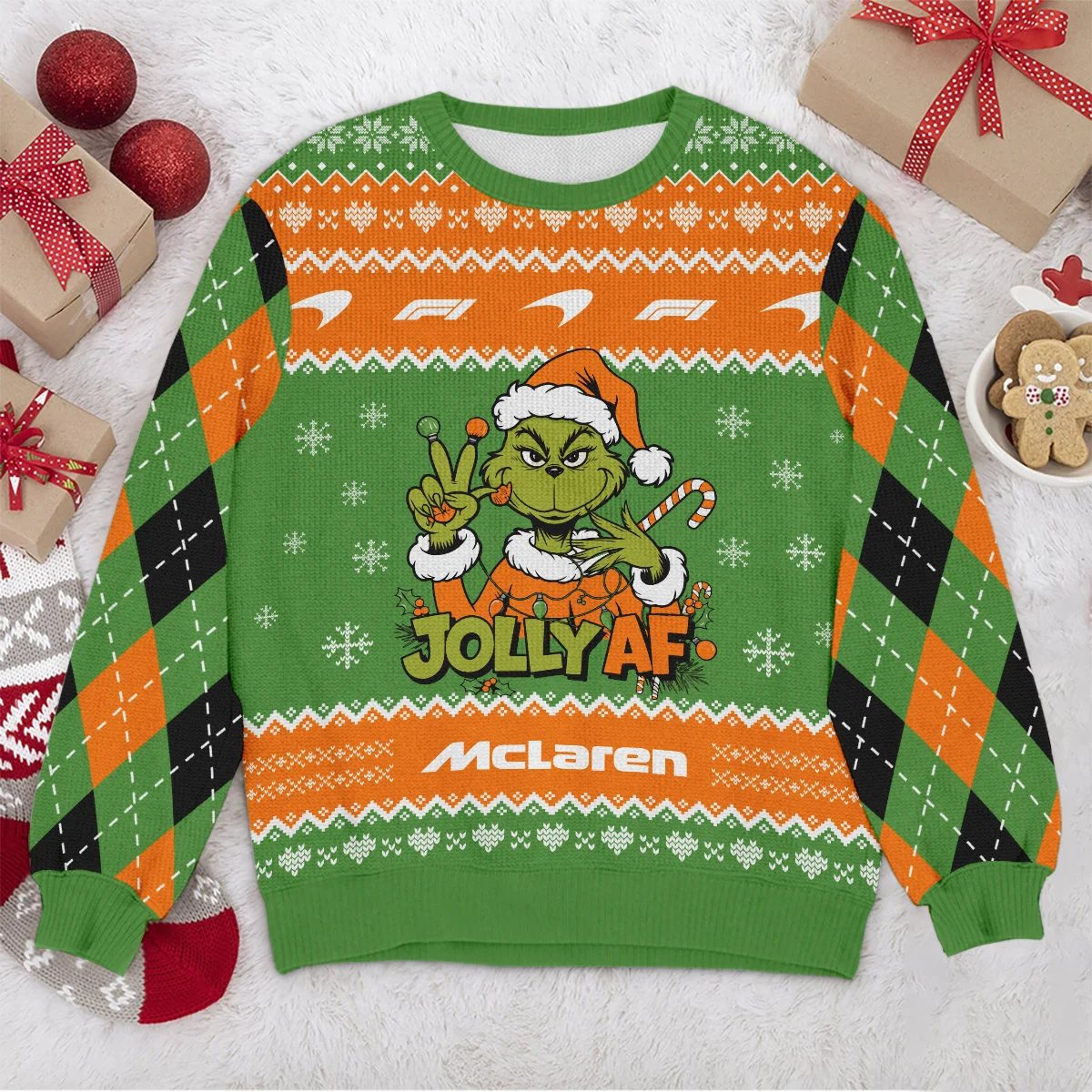 Jolly AF The Grinch McLaren Formula 1 - Ugly Sweater BLVAF1220925A16MCL Jolly AF The Grinch McLaren Formula 1 - Ugly Sweater BLVAF1220925A16MCL