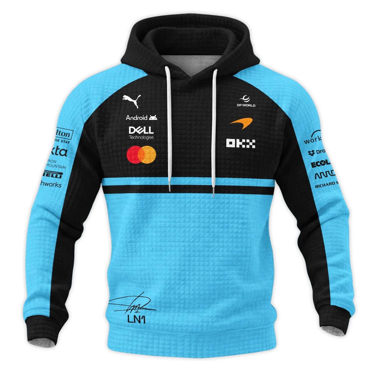 2026 Lando Norris 1 McLaren F1 Teamwear Hoodie Quilted Waffle BLNR25326A3HQW - Cyan 2026 Lando Norris 1 McLaren F1 Teamwear Hoodie Quilted Waffle BLNR25326A3HQW - Cyan