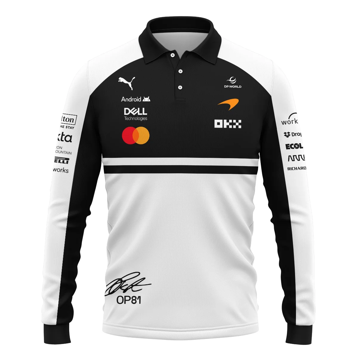 2026 Oscar Piastri 81 McLaren F1 Teamwear Long Polo Shirt BLOP25326A2LPL - White 2026 Oscar Piastri 81 McLaren F1 Teamwear Long Polo Shirt BLOP25326A2LPL - White
