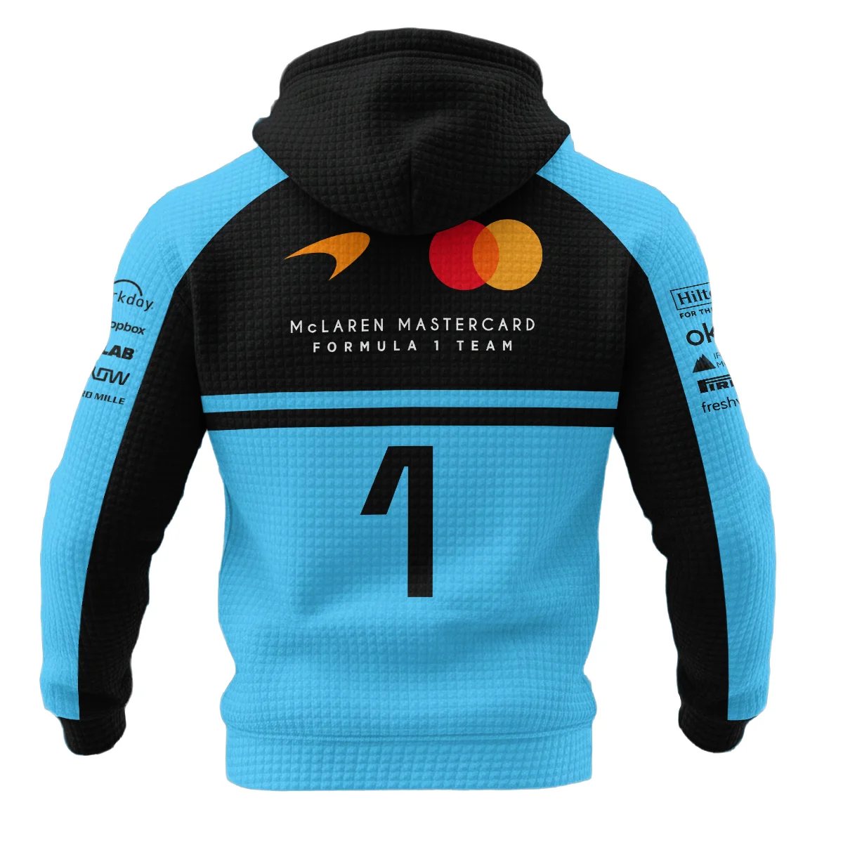 2026 Lando Norris 1 McLaren F1 Teamwear Hoodie Quilted Waffle BLNR25326A3HQW - Cyan 2026 Lando Norris 1 McLaren F1 Teamwear Hoodie Quilted Waffle BLNR25326A3HQW - Cyan