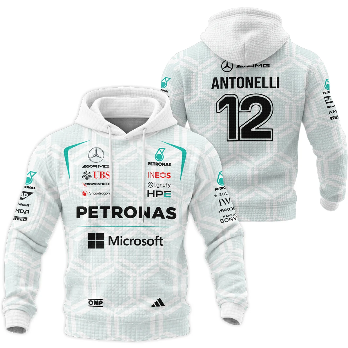 2026 Kimi Antonelli Mercedes F1 Teamwear Hoodie Quilted Waffle BLKA29326A2HQW - White 2026 Kimi Antonelli Mercedes F1 Teamwear Hoodie Quilted Waffle BLKA29326A2HQW - White