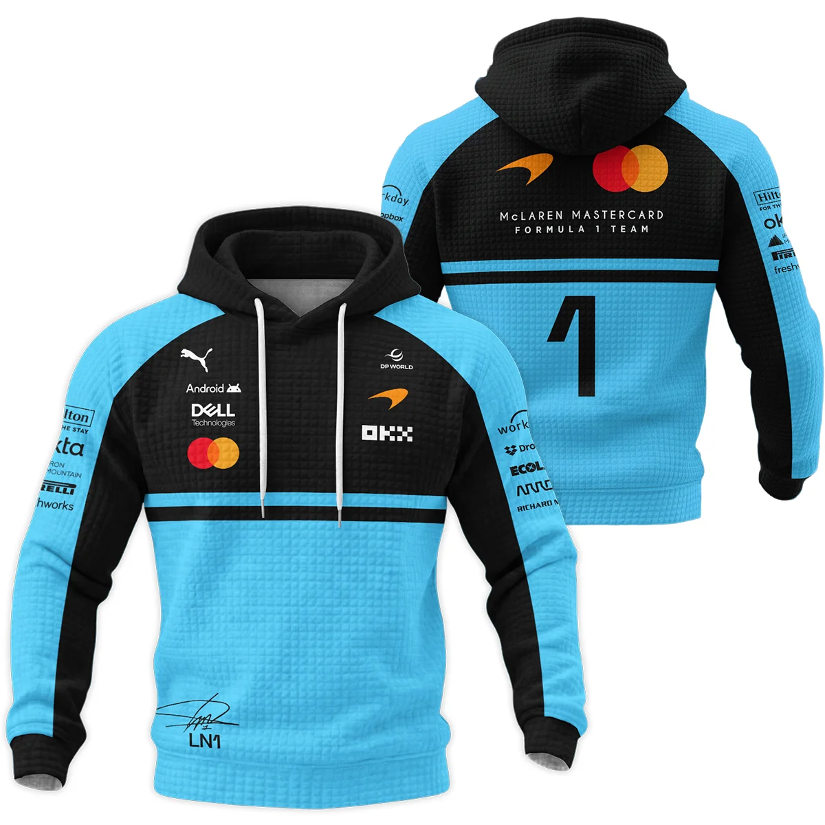 2026 Lando Norris 1 McLaren F1 Teamwear Hoodie Quilted Waffle BLNR25326A3HQW - Cyan 2026 Lando Norris 1 McLaren F1 Teamwear Hoodie Quilted Waffle BLNR25326A3HQW - Cyan