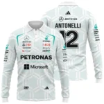 2026 Kimi Antonelli Mercedes F1 Teamwear Long Polo Shirt BLKA29326A2LPL - White