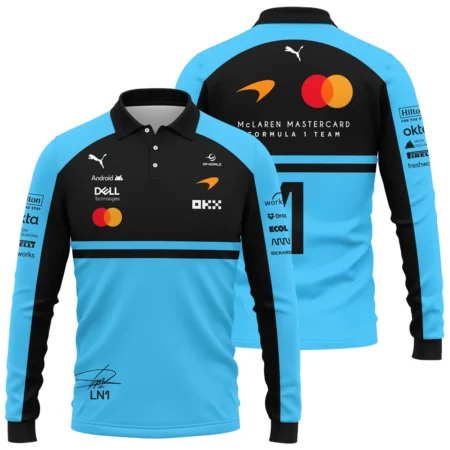 2026 Lando Norris 1 McLaren F1 Teamwear Long Polo Shirt BLNR25326A3LPL - Cyan