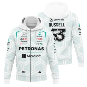 2026 George Russell Mercedes F1 Teamwear Bomber BLGR30326A2BB - White 2026 George Russell Mercedes F1 Teamwear Bomber BLGR30326A2BB - White