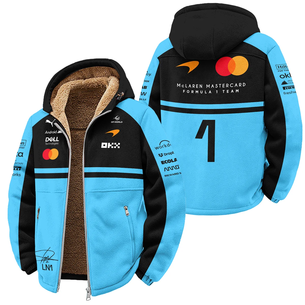 2026 Lando Norris 1 McLaren F1 Teamwear Winter Fleece Jacket BLNR25326A3WFJ - Cyan 2026 Lando Norris 1 McLaren F1 Teamwear Winter Fleece Jacket BLNR25326A3WFJ - Cyan