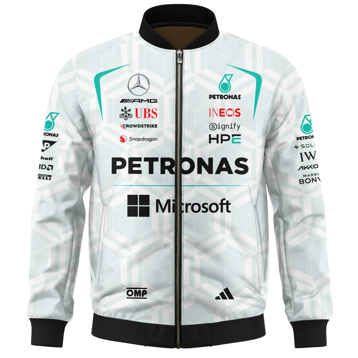 2026 George Russell Mercedes F1 Teamwear Bomber BLGR30326A2BB - White 2026 George Russell Mercedes F1 Teamwear Bomber BLGR30326A2BB - White