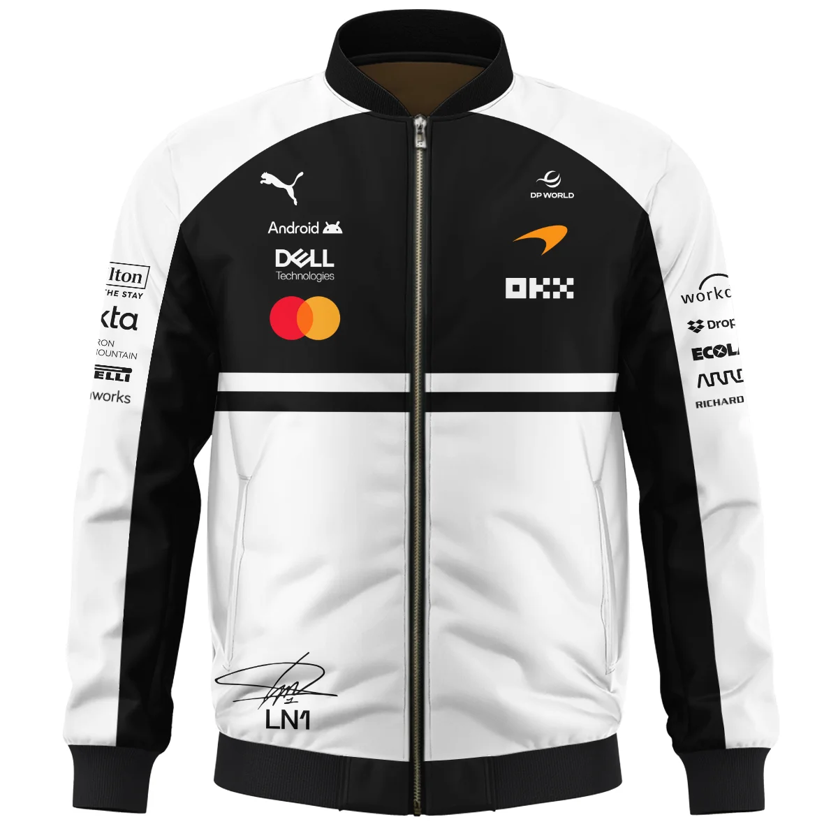 2026 Lando Norris 1 McLaren F1 Teamwear Bomber BLNR25326A2BB - White 2026 Lando Norris 1 McLaren F1 Teamwear Bomber BLNR25326A2BB - White