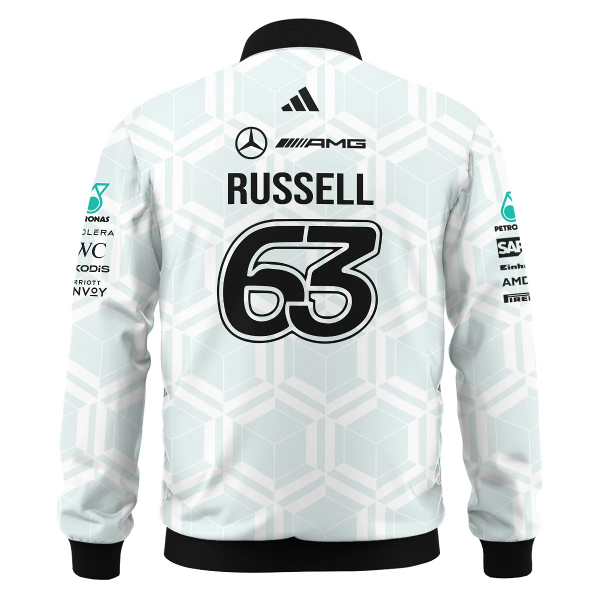 2026 George Russell Mercedes F1 Teamwear Bomber BLGR30326A2BB - White 2026 George Russell Mercedes F1 Teamwear Bomber BLGR30326A2BB - White