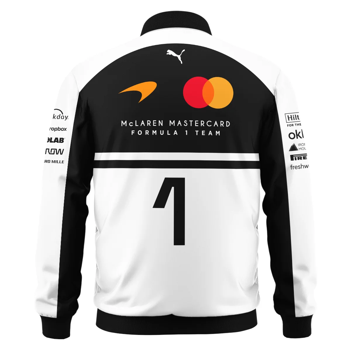 2026 Lando Norris 1 McLaren F1 Teamwear Bomber BLNR25326A2BB - White 2026 Lando Norris 1 McLaren F1 Teamwear Bomber BLNR25326A2BB - White