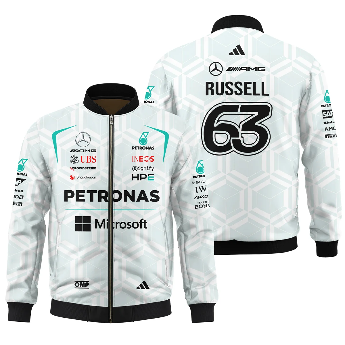 2026 George Russell Mercedes F1 Teamwear Bomber BLGR30326A2BB - White 2026 George Russell Mercedes F1 Teamwear Bomber BLGR30326A2BB - White