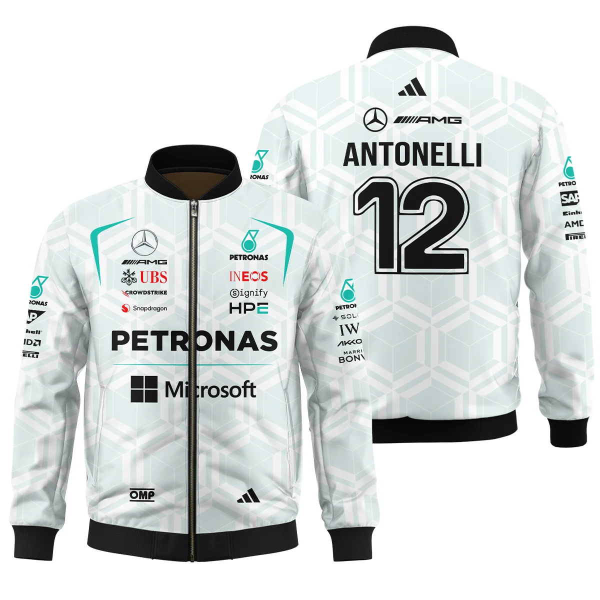 2026 Kimi Antonelli Mercedes F1 Teamwear Bomber BLKA29326A2BB - White 2026 Kimi Antonelli Mercedes F1 Teamwear Bomber BLKA29326A2BB - White
