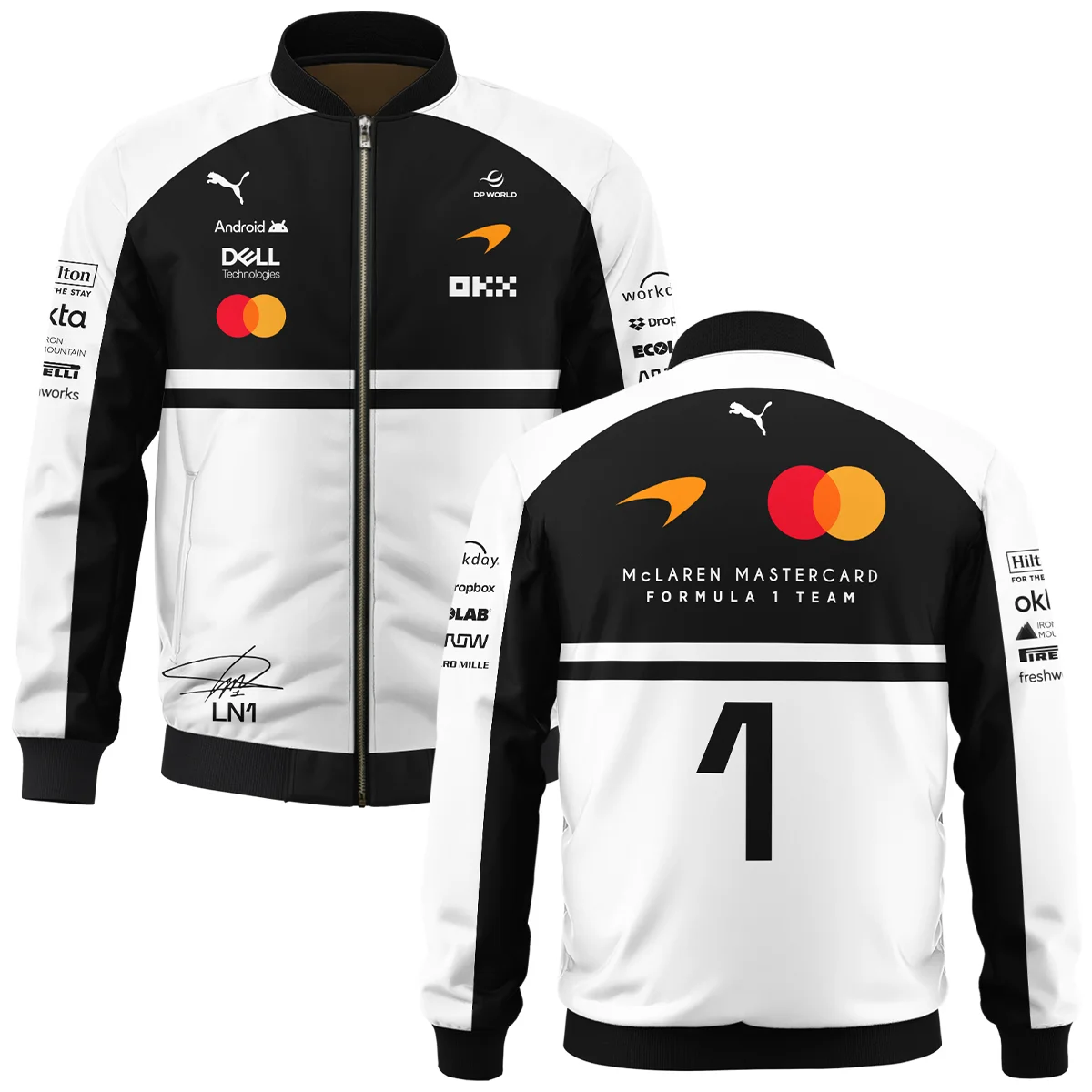 2026 Lando Norris 1 McLaren F1 Teamwear Bomber BLNR25326A2BB - White 2026 Lando Norris 1 McLaren F1 Teamwear Bomber BLNR25326A2BB - White